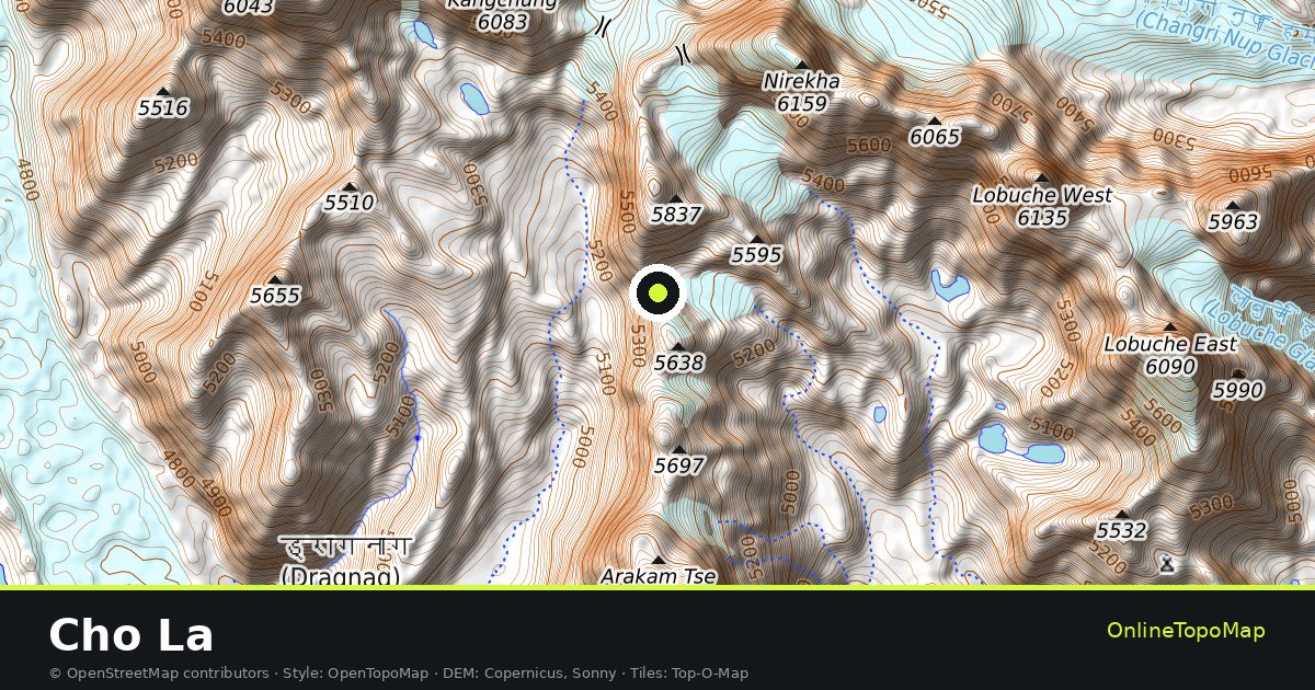 Topographic map of Cho La with contour lines and hillshading