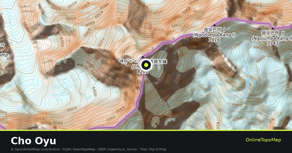 Topographic map of Cho Oyu with contour lines and hillshading