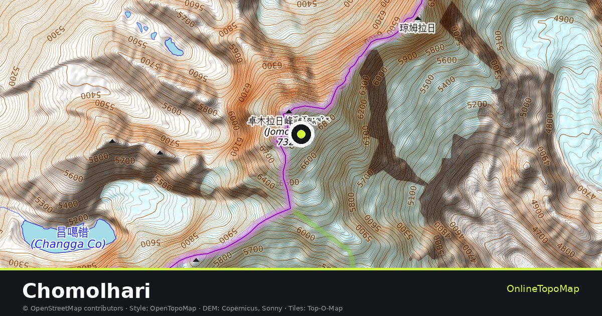 Topographic map of Chomolhari with contour lines and hillshading