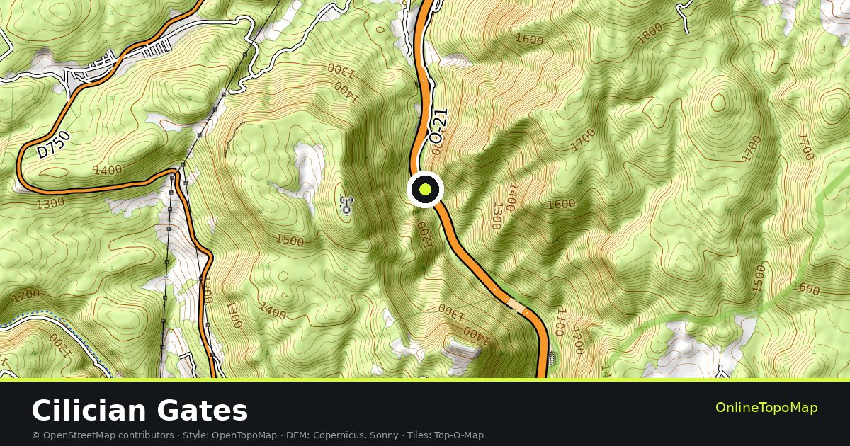 Topographic map of Cilician Gates with contour lines and hillshading