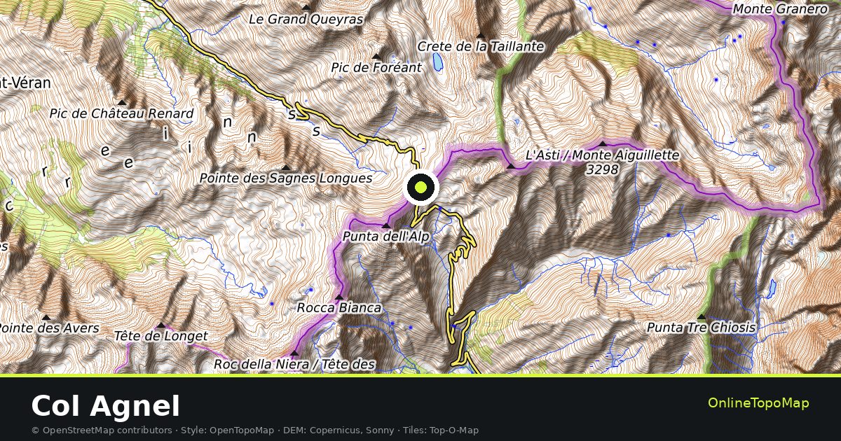Topographic map of Col Agnel with contour lines and hillshading