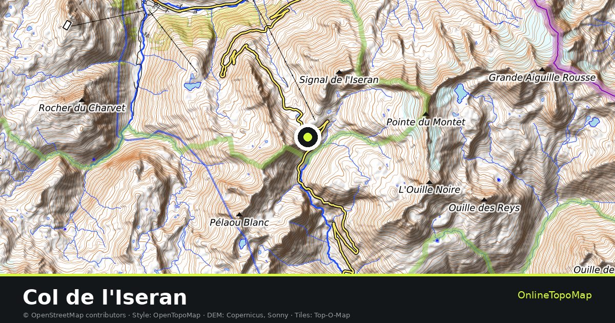 Topographic map of Col de l'Iseran with contour lines and hillshading