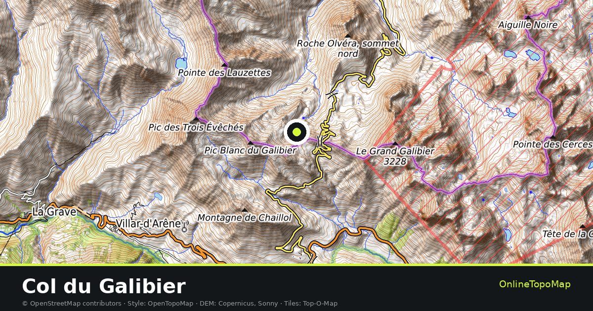 Topographic map of Col du Galibier with contour lines and hillshading