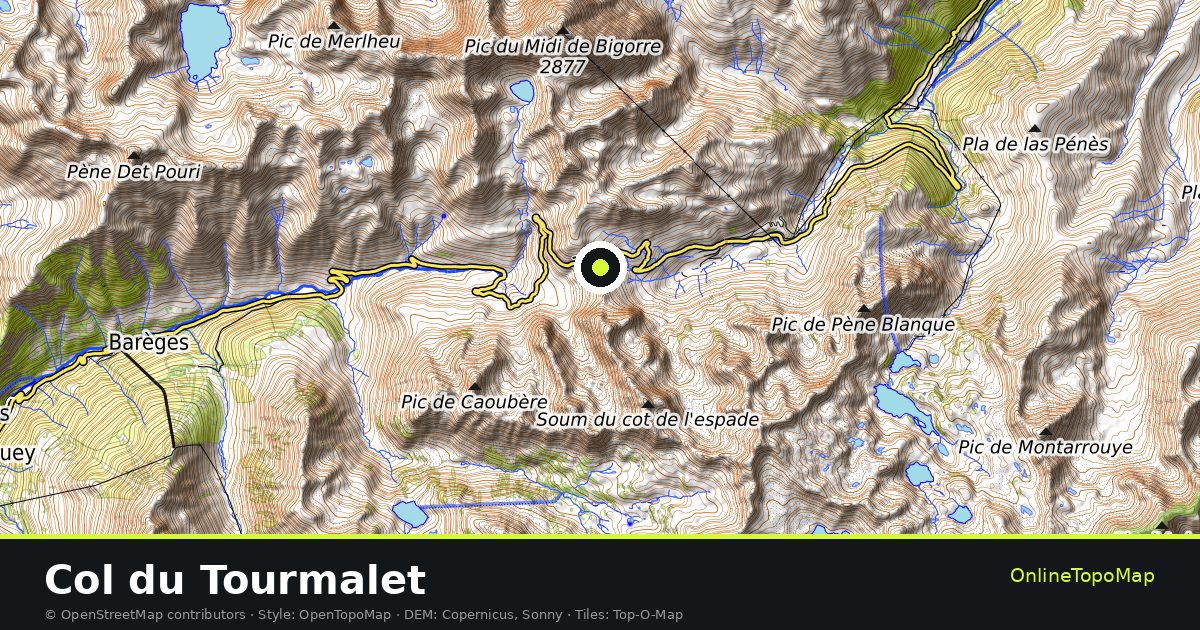 Topographic map of Col du Tourmalet with contour lines and hillshading