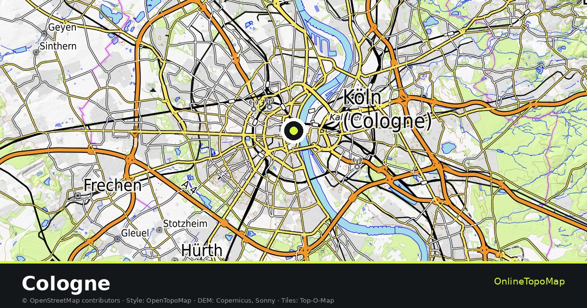 Topographic map of Cologne with contour lines and hillshading