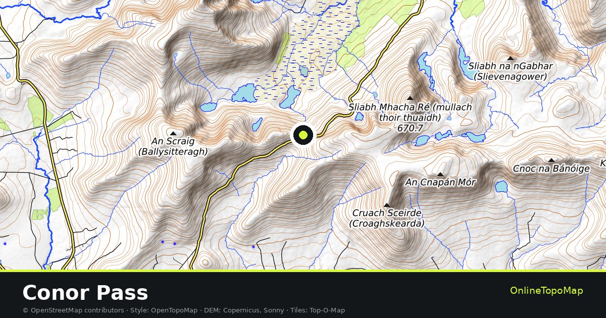 Topographic map of Conor Pass with contour lines and hillshading