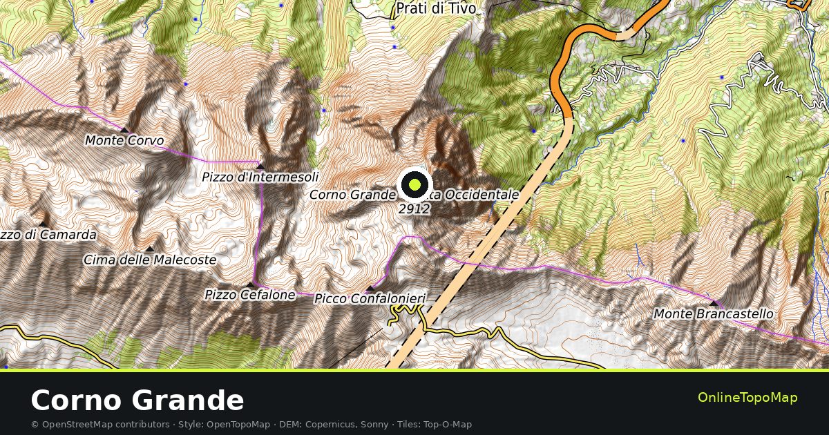 Topographic map of Corno Grande with contour lines and hillshading