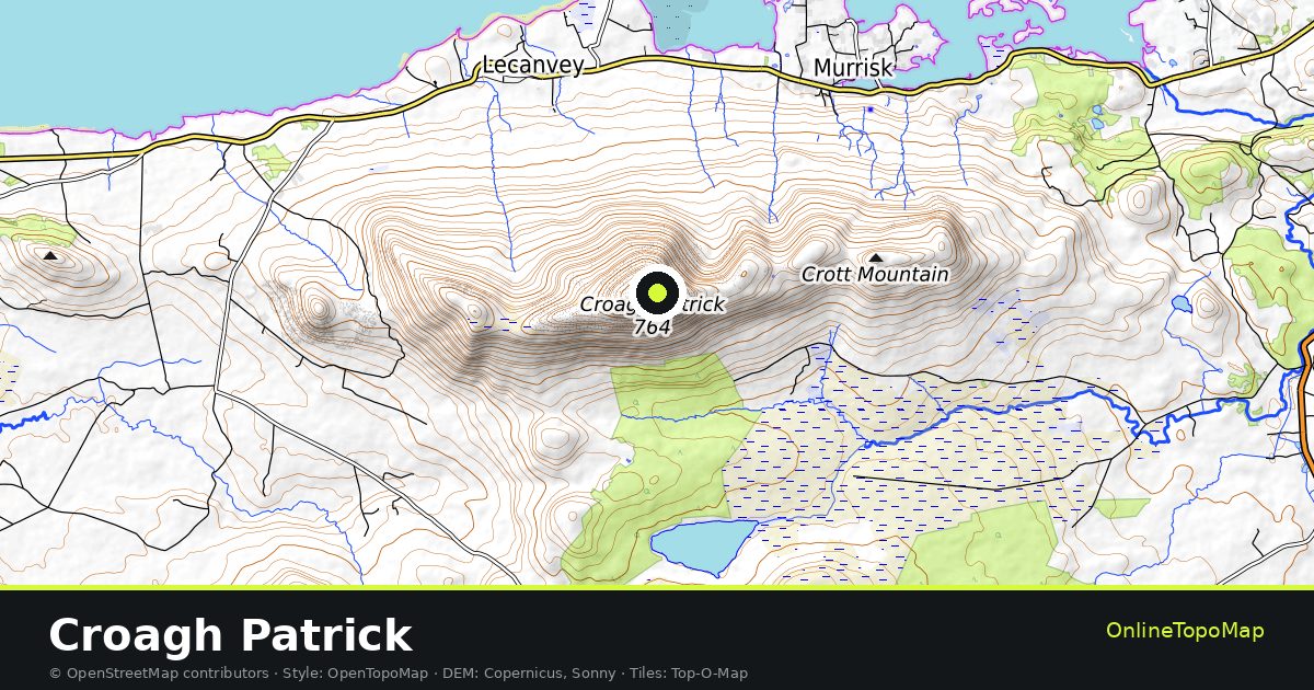 Topographic map of Croagh Patrick with contour lines and hillshading