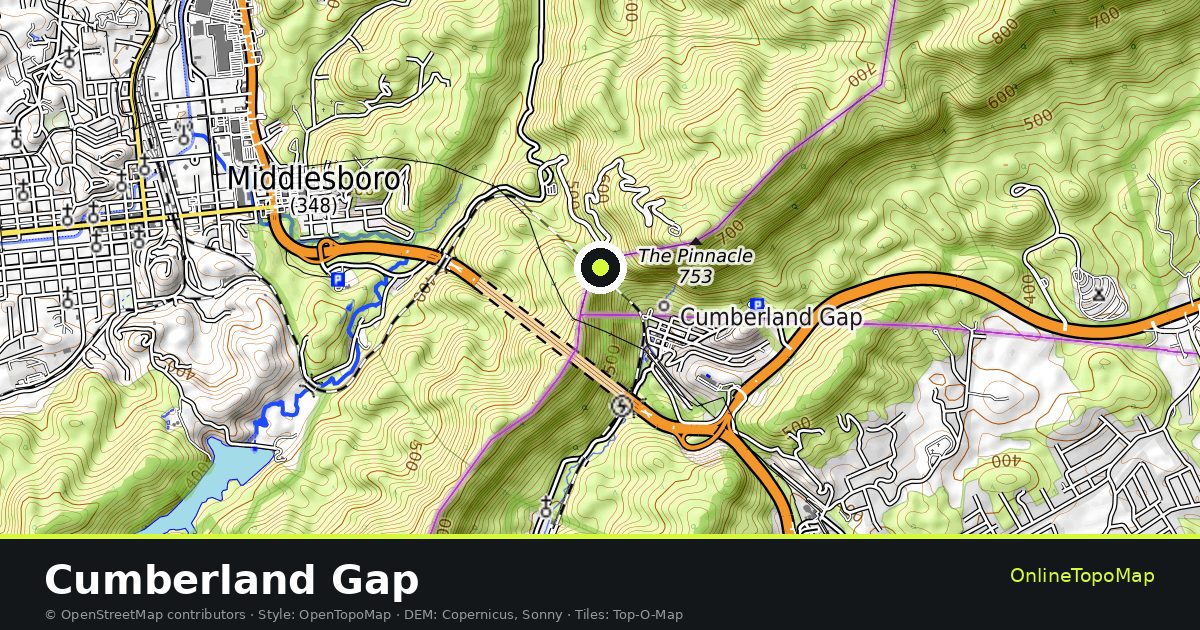 Topographic map of Cumberland Gap with contour lines and hillshading