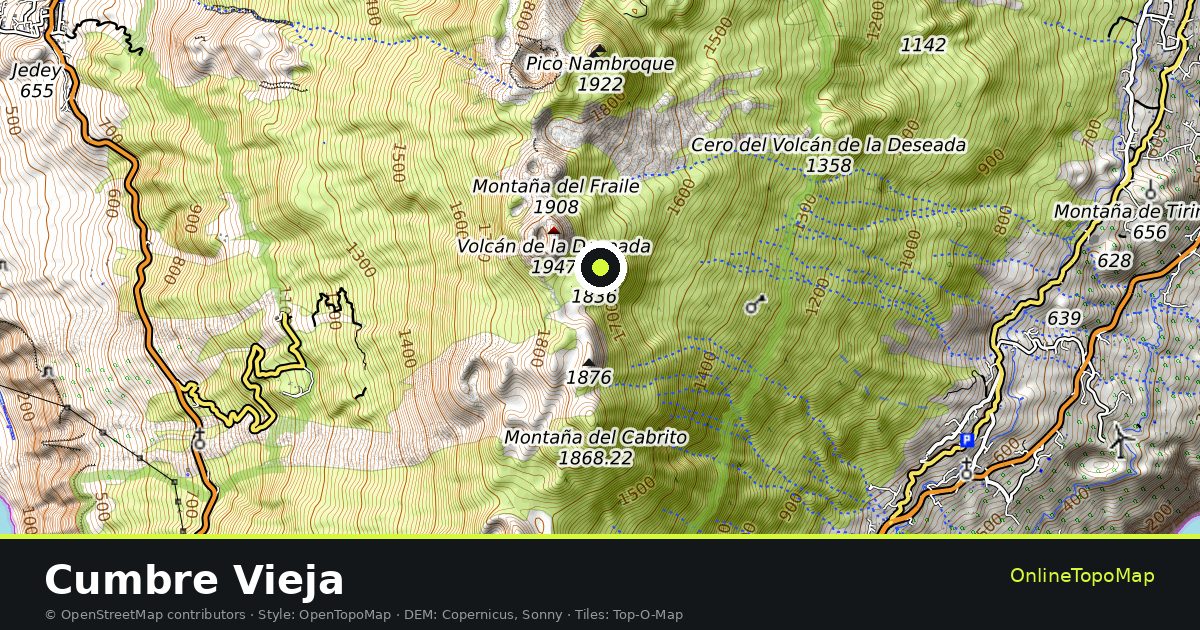 Topographic map of Cumbre Vieja with contour lines and hillshading