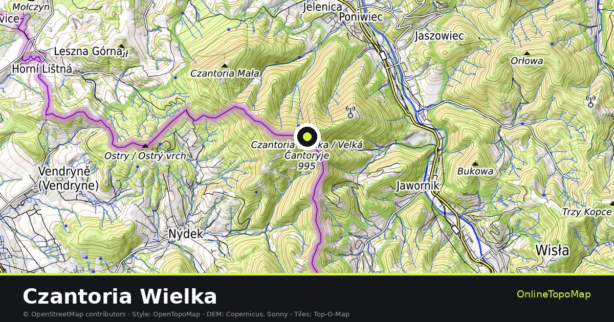 Topographic map of Czantoria Wielka with contour lines and hillshading