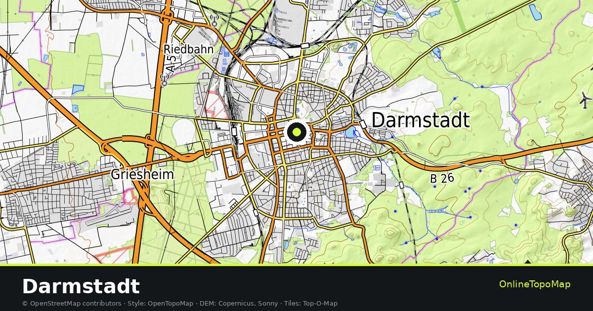 Topographic map of Darmstadt with contour lines and hillshading