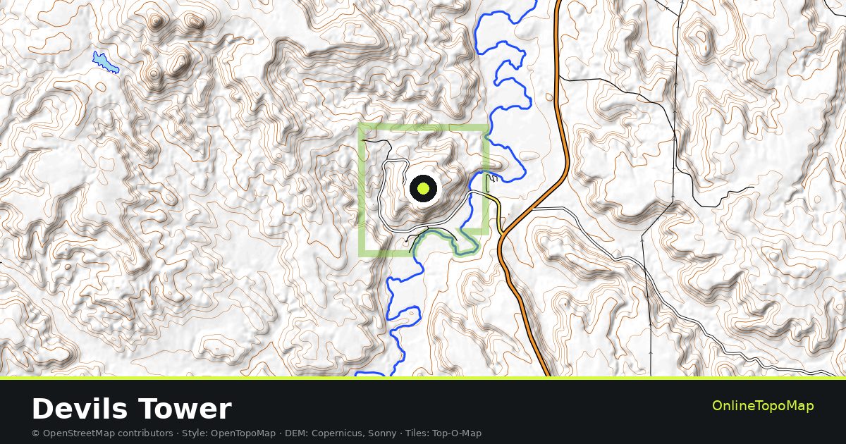 Topographic map of Devils Tower with contour lines and hillshading