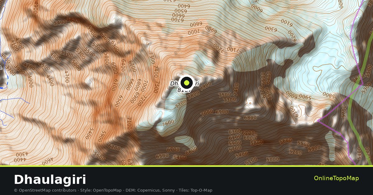 Topographic map of Dhaulagiri with contour lines and hillshading