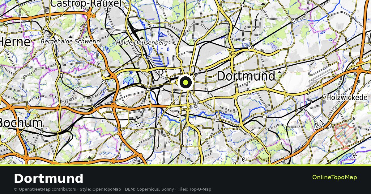 Topographic map of Dortmund with contour lines and hillshading