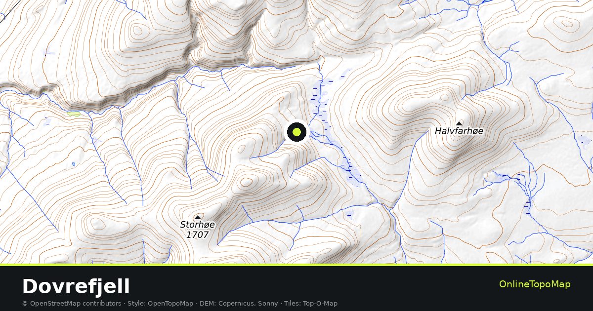 Topographic map of Dovrefjell with contour lines and hillshading