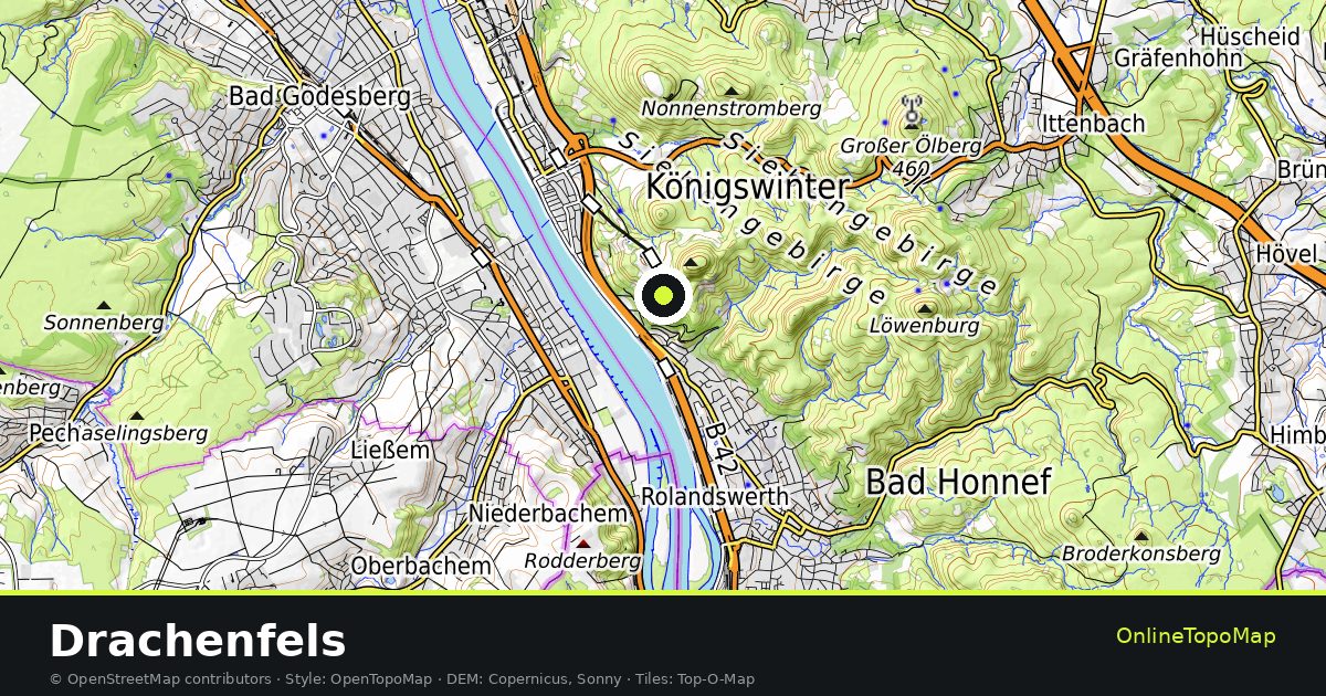 Topographic map of Drachenfels with contour lines and hillshading