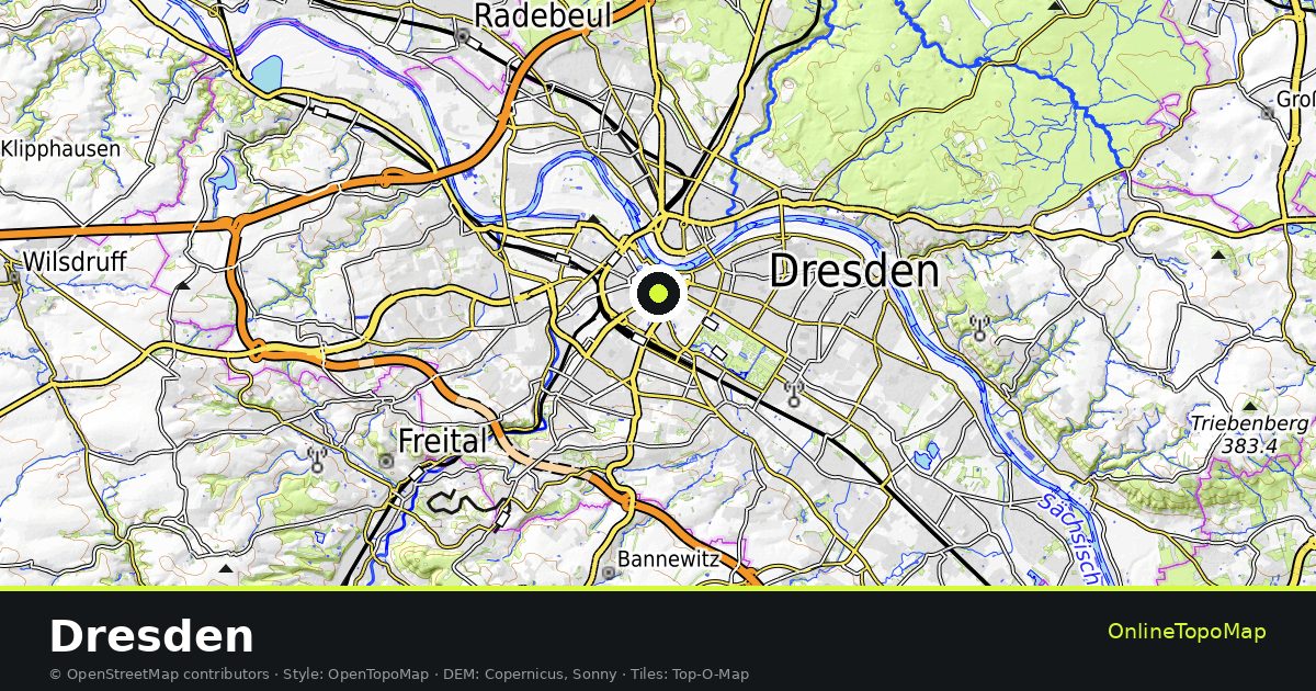 Topographic map of Dresden with contour lines and hillshading