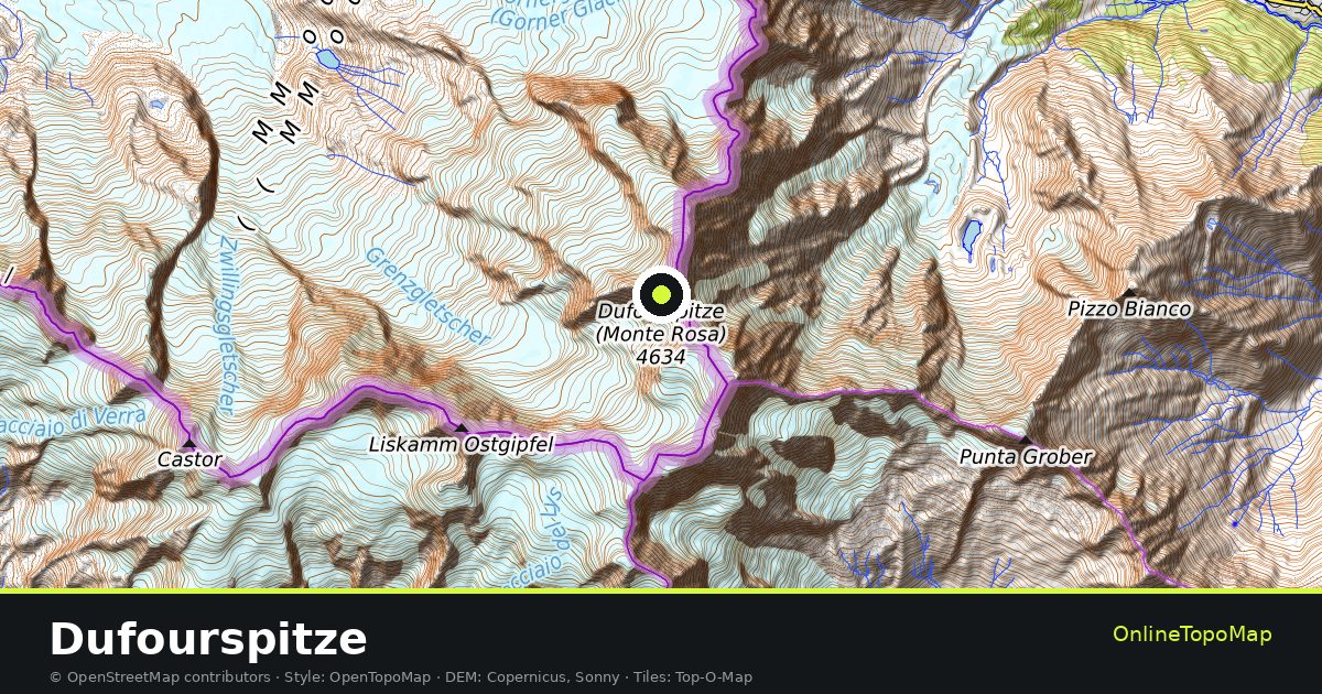 Topographic map of Dufourspitze with contour lines and hillshading