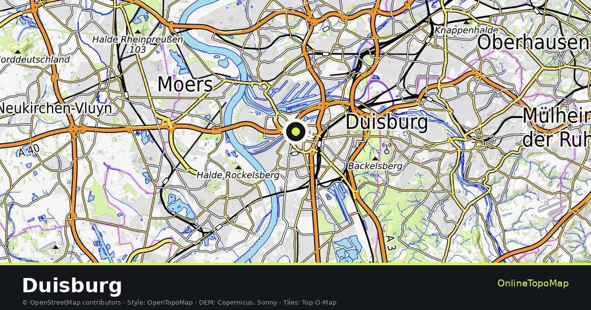 Topographic map of Duisburg with contour lines and hillshading
