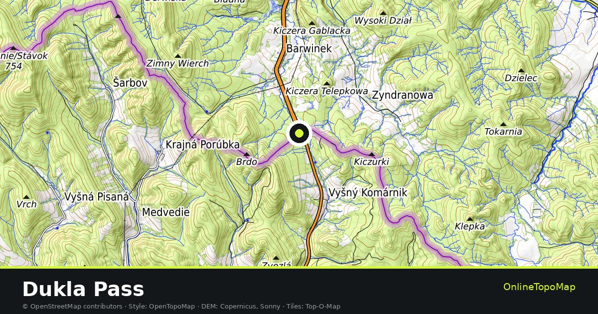 Topographic map of Dukla Pass with contour lines and hillshading