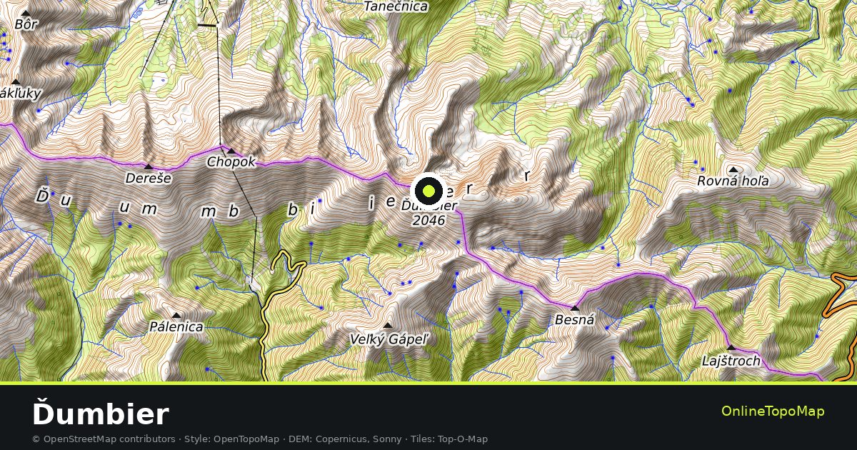 Topographic map of Ďumbier with contour lines and hillshading