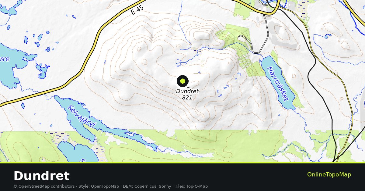Topographic map of Dundret with contour lines and hillshading