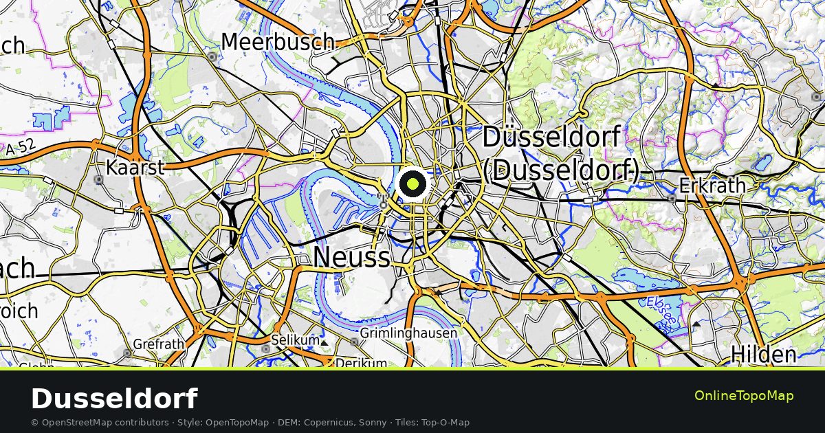 Topographic map of Dusseldorf with contour lines and hillshading