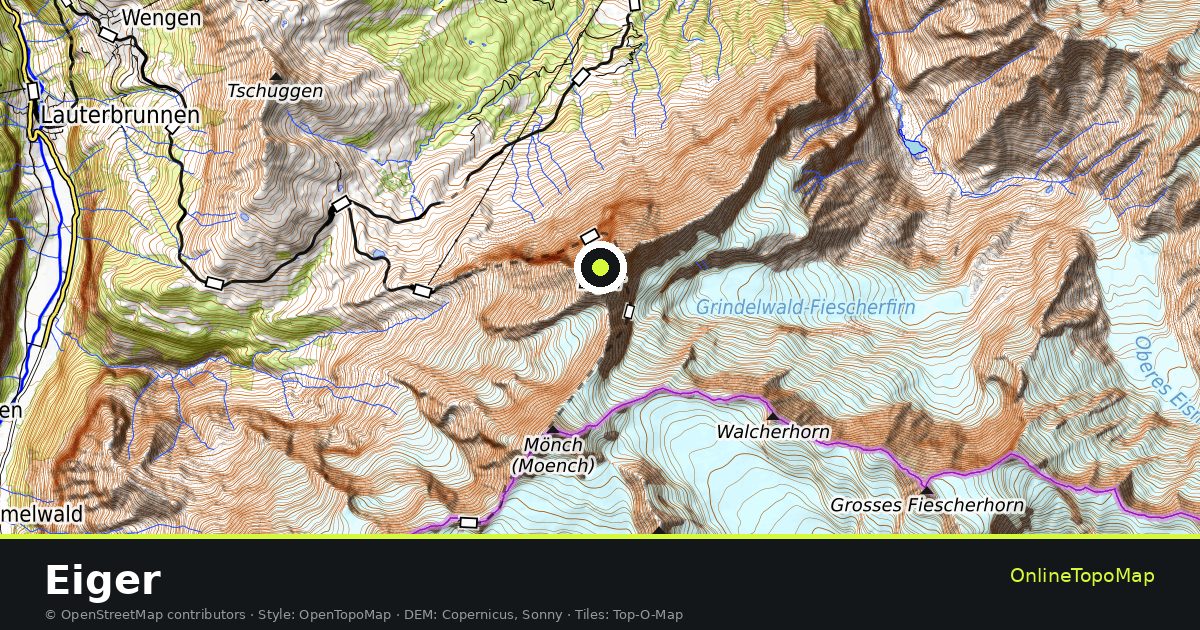 Topographic map of Eiger with contour lines and hillshading