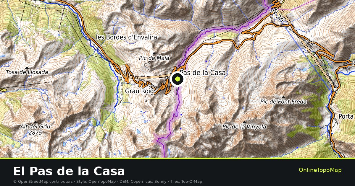 Topographic map of El Pas de la Casa with contour lines and hillshading