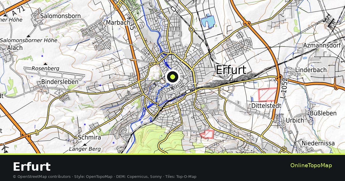 Topographic map of Erfurt with contour lines and hillshading