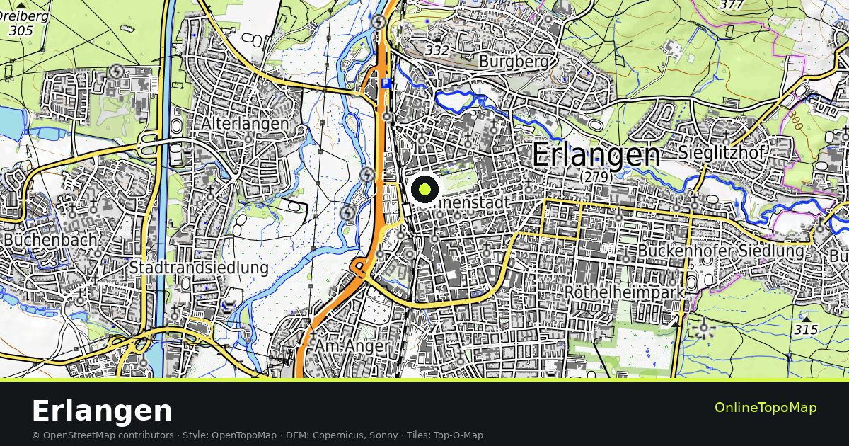 Topographic map of Erlangen with contour lines and hillshading