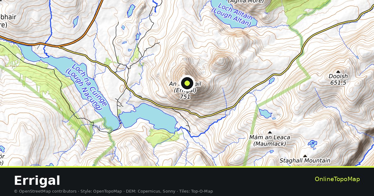 Topographic map of Errigal with contour lines and hillshading