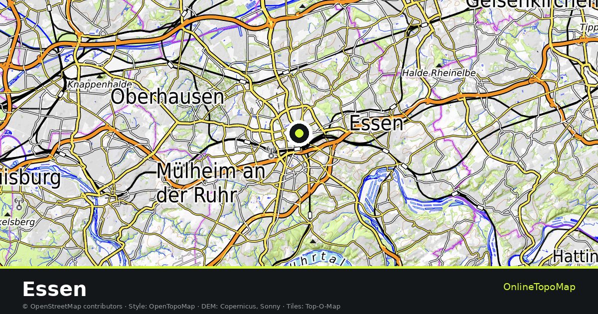 Topographic map of Essen with contour lines and hillshading