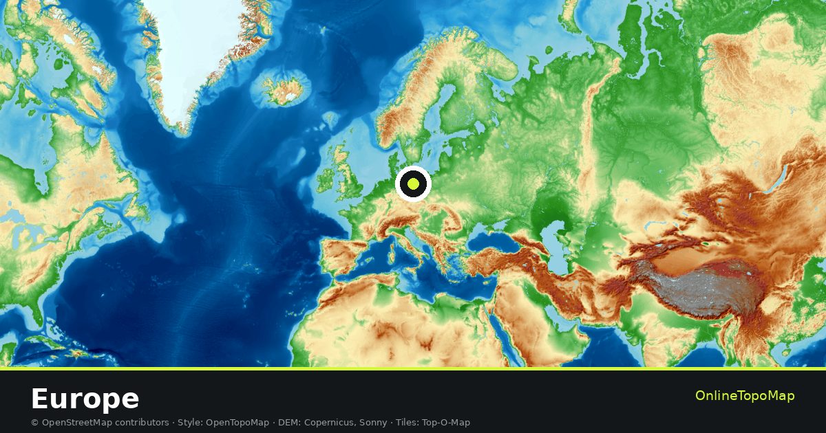 Topographic map of Europe with contour lines and hillshading