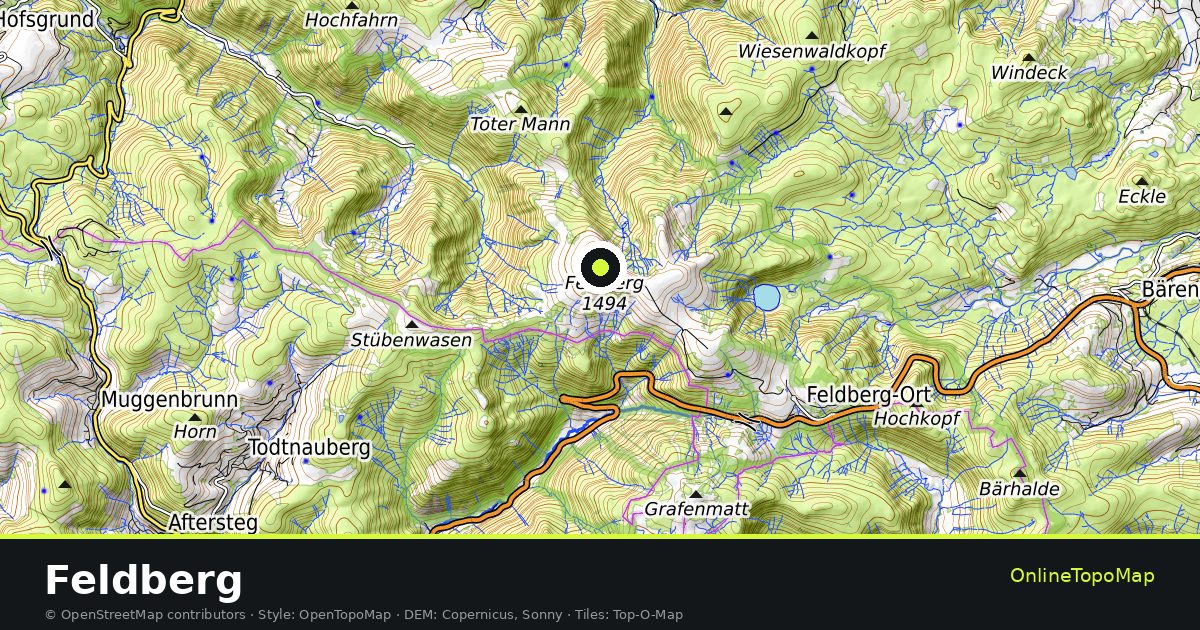 Topographic map of Feldberg with contour lines and hillshading