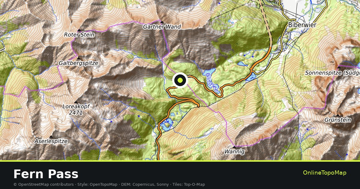 Topographic map of Fern Pass with contour lines and hillshading