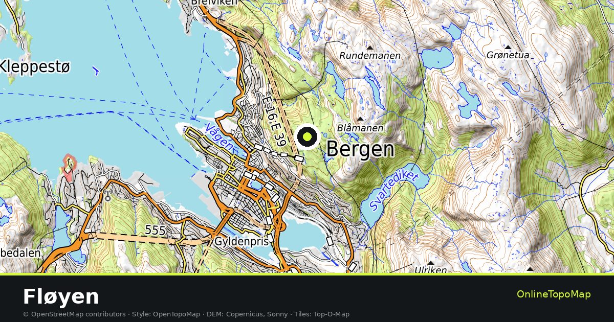 Topographic map of Fløyen with contour lines and hillshading