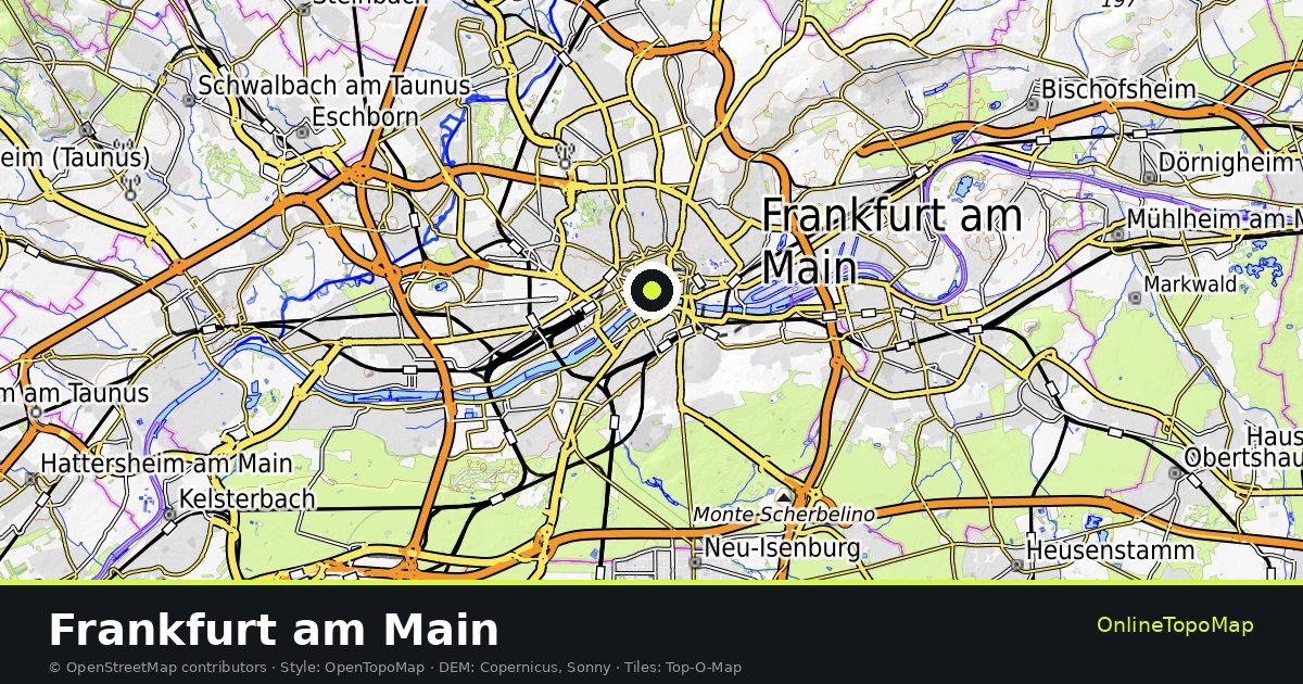 Topographic map of Frankfurt am Main with contour lines and hillshading