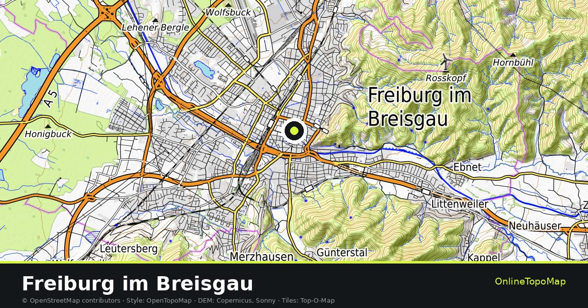 Topographic map of Freiburg im Breisgau with contour lines and hillshading