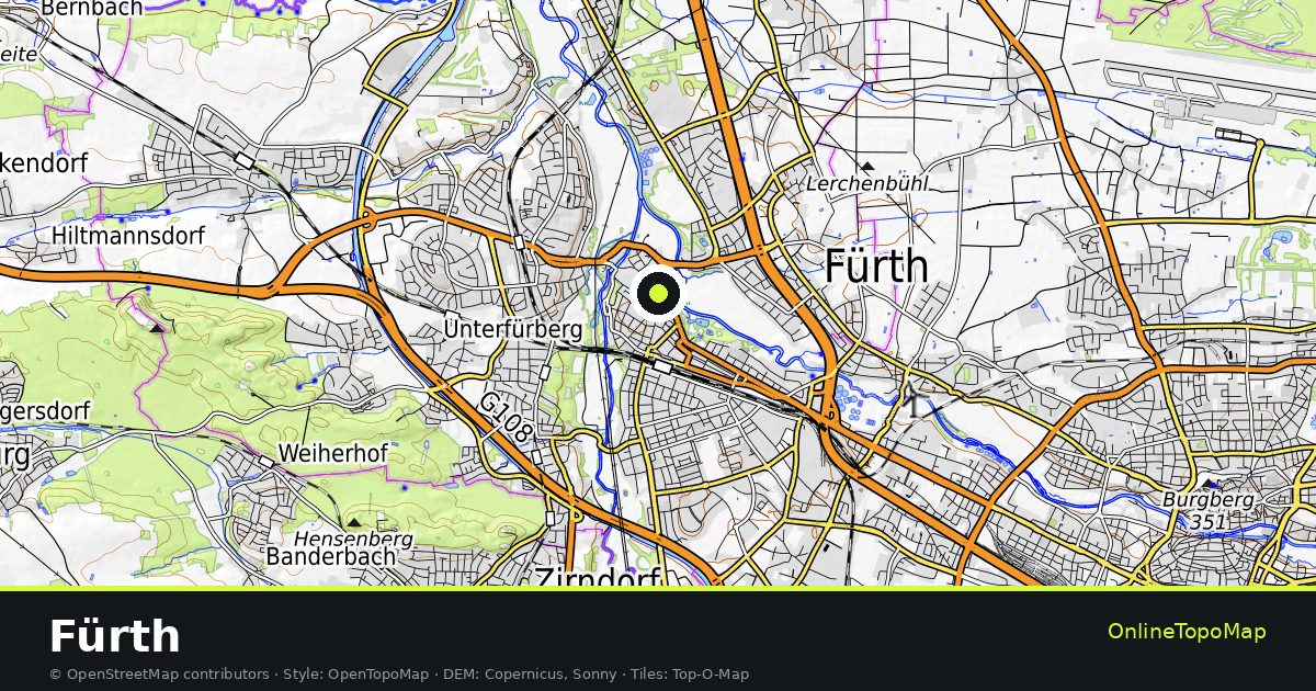 Topographic map of Fürth with contour lines and hillshading