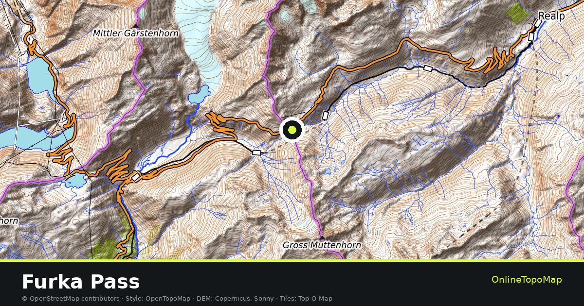 Topographic map of Furka Pass with contour lines and hillshading