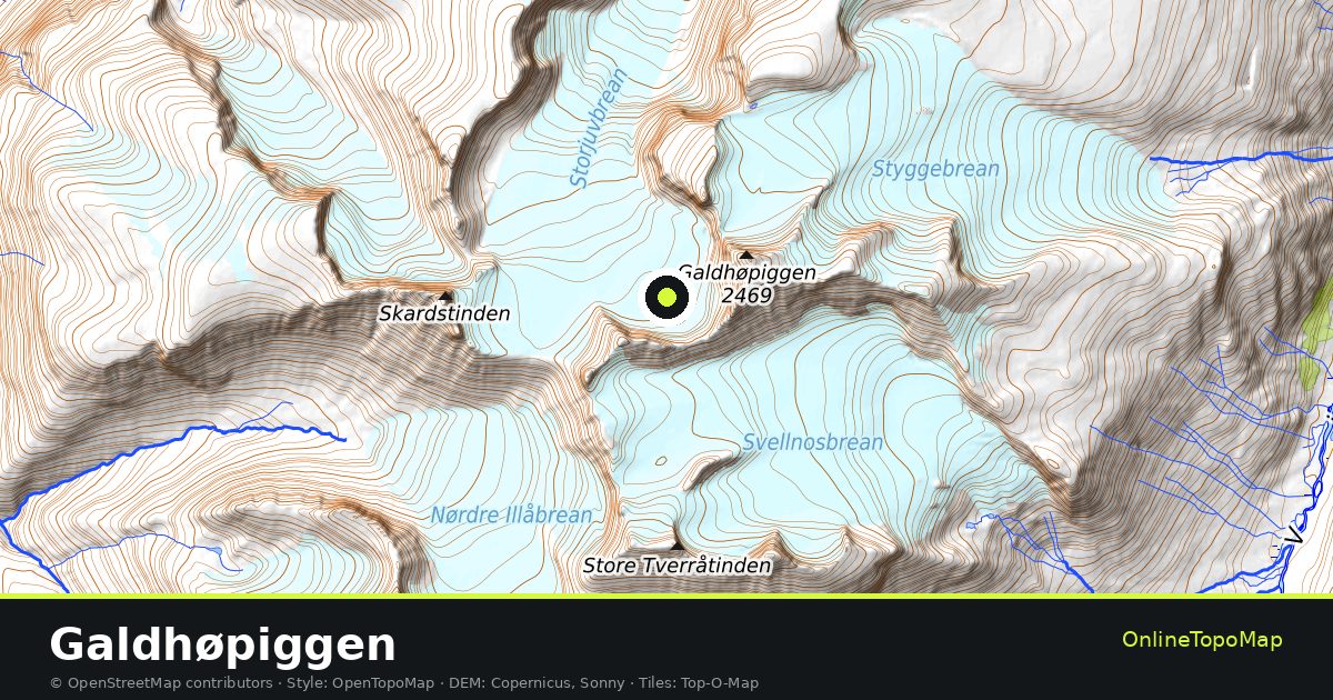 Topographic map of Galdhøpiggen with contour lines and hillshading