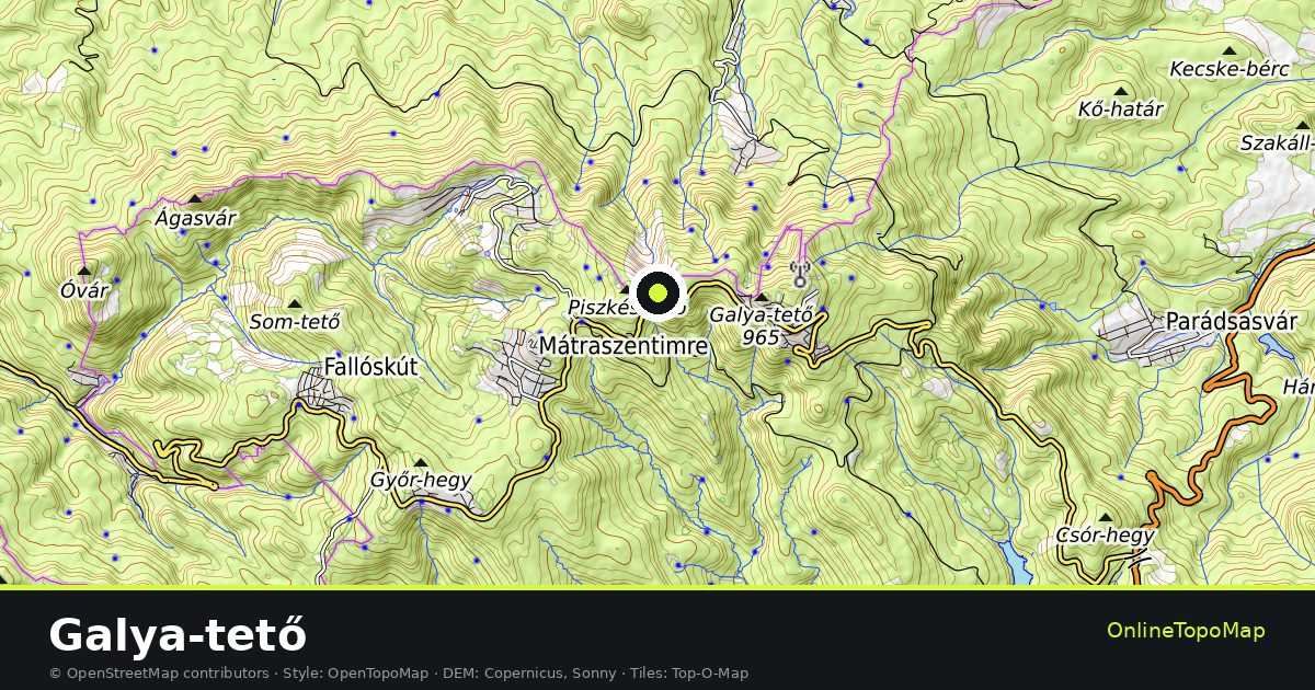 Topographic map of Galya-tető with contour lines and hillshading