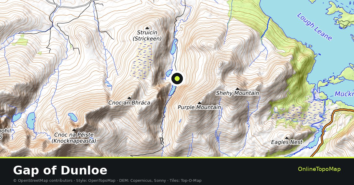 Topographic map of Gap of Dunloe with contour lines and hillshading
