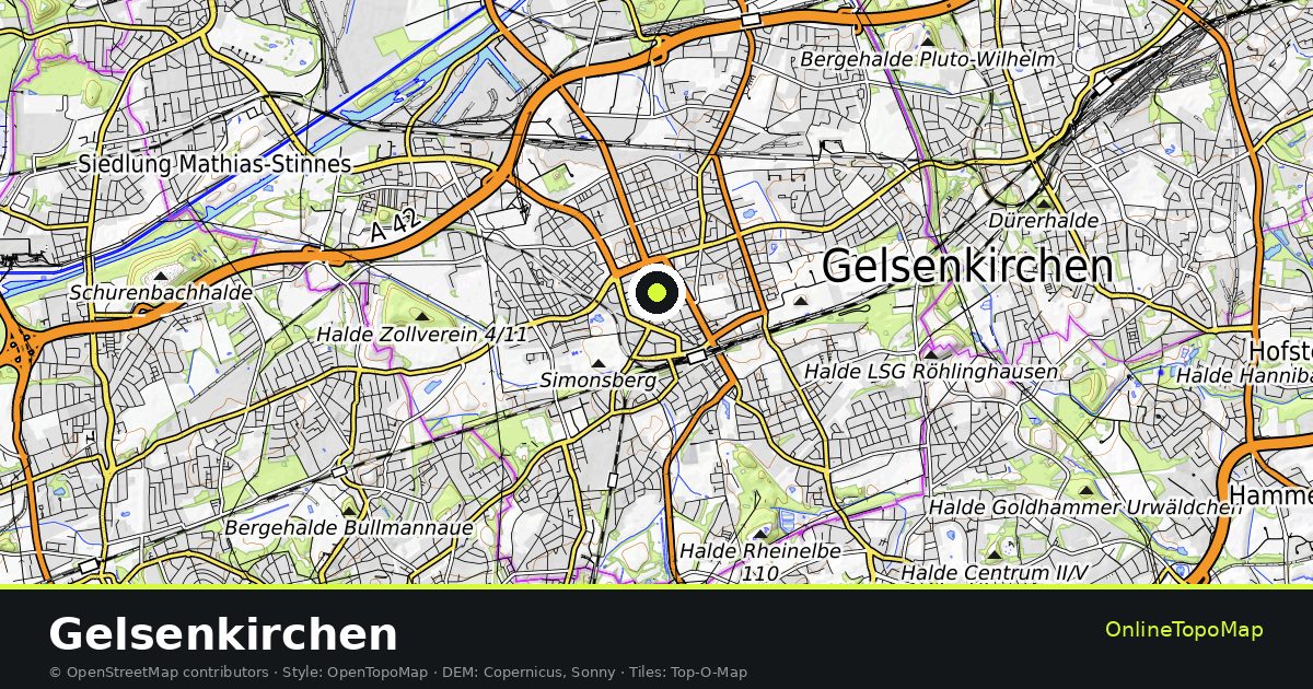 Topographic map of Gelsenkirchen with contour lines and hillshading