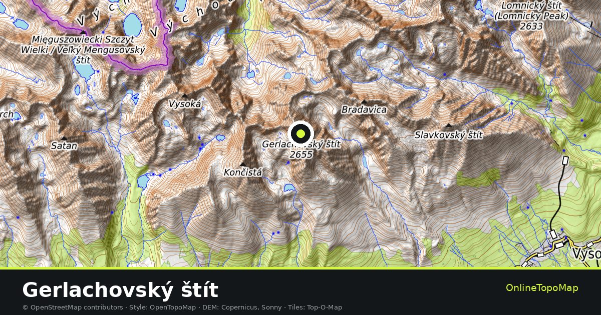 Topographic map of Gerlachovský štít with contour lines and hillshading