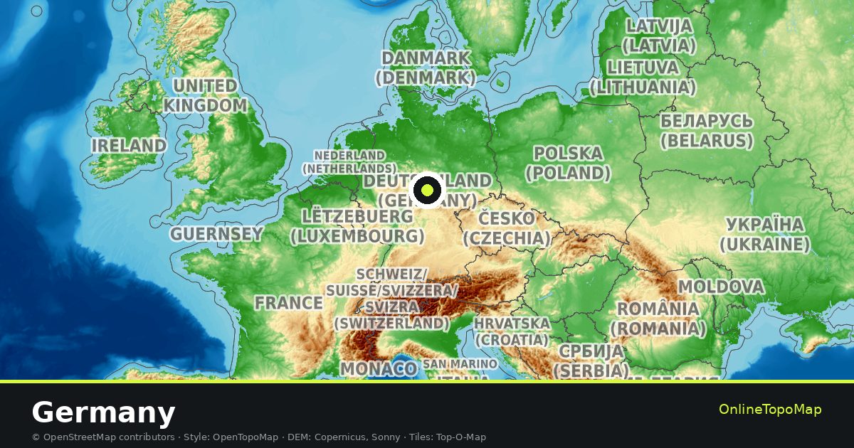 Topographic map of Germany with contour lines and hillshading