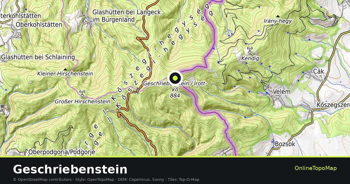 Topographic map of Geschriebenstein with contour lines and hillshading