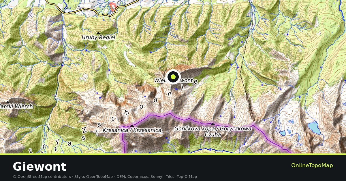 Topographic map of Giewont with contour lines and hillshading